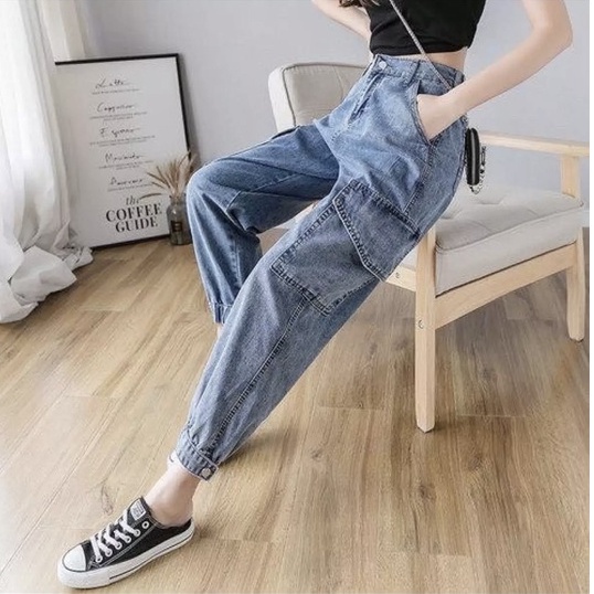 [ FREESHIP, SIÊU HẠNG ] QUẦN BAGGY JEAN NỮ LƯNG CAO CÓ BO CHUN M419 MÀU XANH XỊN SÒ 2 TÚI HỘP- Jeans Fashion93