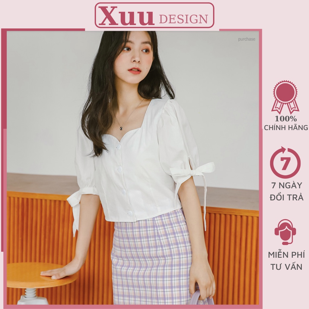 Áo sơ mi nữ Xuu Design, Áo croptop trắng cộc tay phối nơ cổ vuông chất liệu mềm mát ít nhăn SM109K2