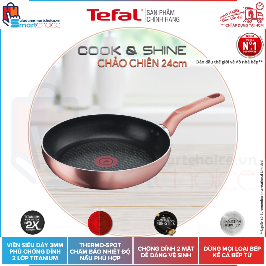Bộ chảo Tefal Cook & Shine 3 món , Viền siêu dày 3mm, phủ chống dính Titanium dùng bếp từ