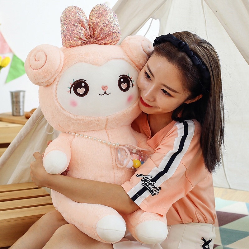 Gấu Bông Cừu Hồng Đeo Túi, Hàng siêu cấp, Lông mượt