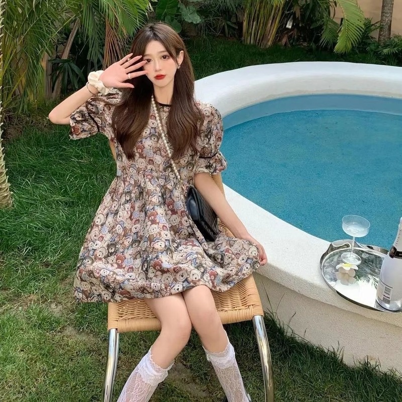 Đầm Tay Phồng In Họa Tiết Gấu Phong Cách Pháp Cổ Điển Thời Trang Mùa Hè Mới Cho Nữ
