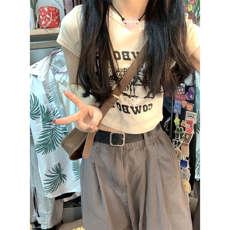 Áo Thun Crop Top Cổ Tròn Tay Ngắn In Họa Tiết Thời Trang Cho Nữ