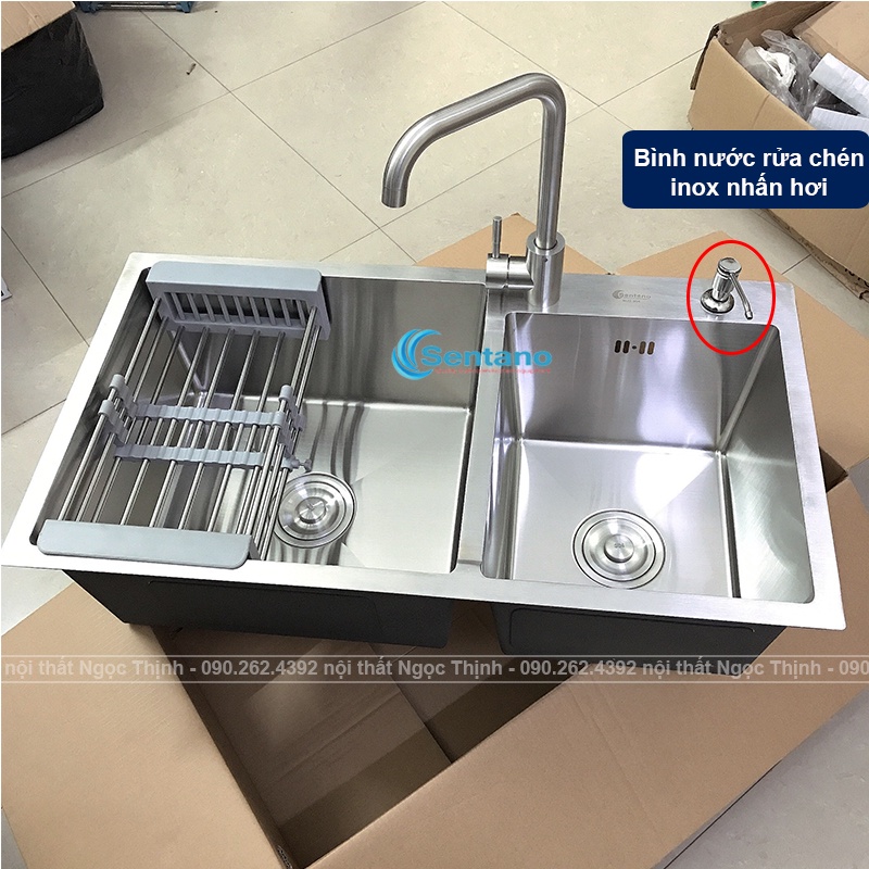 Chậu rửa chén đúc liền khối SENTANO 82x45cm 2 hộc lệch inox sus304 GIÁ RẺ - Bồn rửa chén 2 ngăn