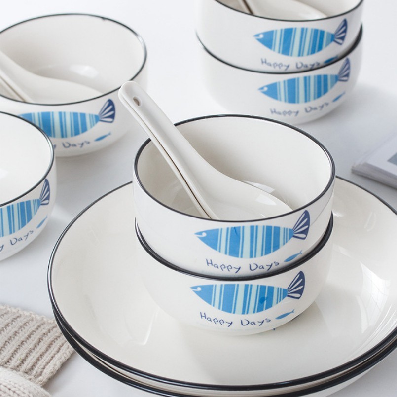 Set bát đĩa, bộ bát đĩa đẹp họa tiết cá xanh kèm hộp quà tặng – set bát đĩa phù hợp cho 2-4-6 người