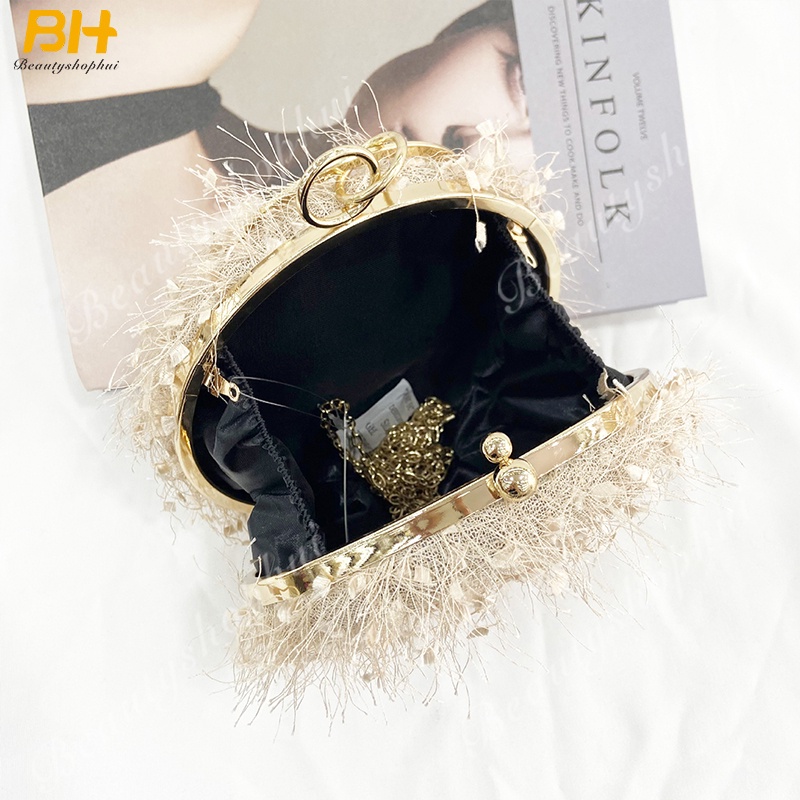 Ví cầm tay hình tròn phối tua rua thời trang dự tiệc