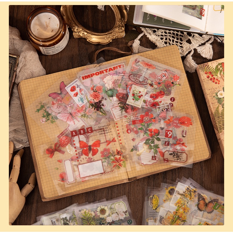 Set 5, 20 tấm sticker vintage hình hoa lá, sticker vintage trang trí sổ tay, sổ nhật ký, thiệp, quà