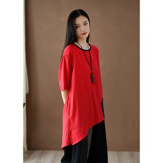 Áo linen chắp vá lệch tà