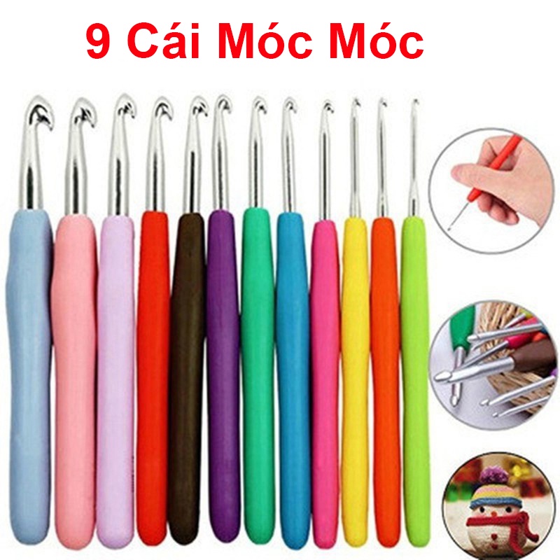 Set 9 Móc Đan Len Bằng Nhựa Tay Cầm Nhựa Mềm 2-6mm Nhiều Màu Sắc