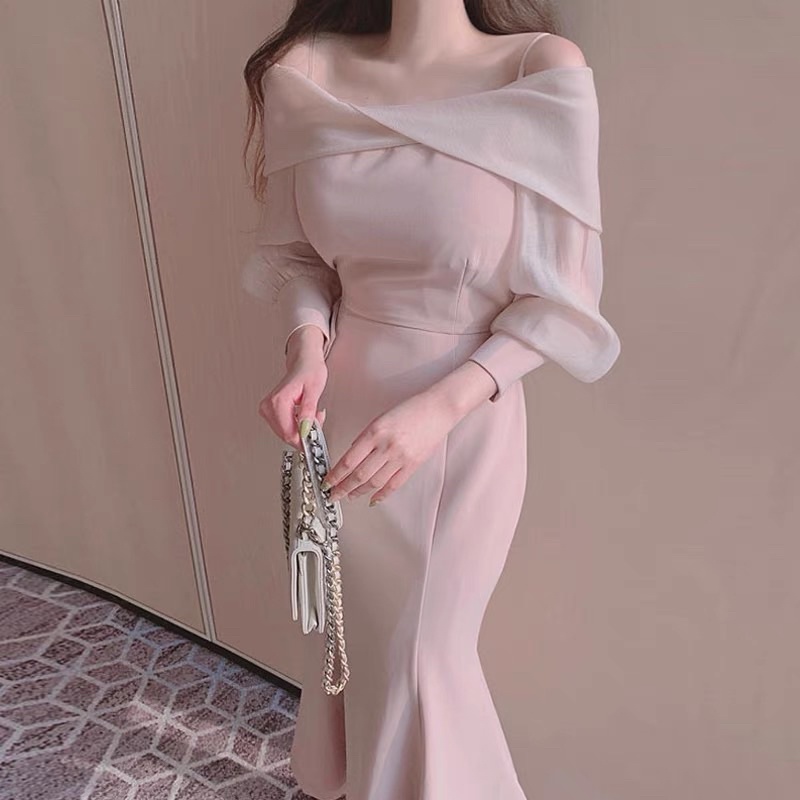 Đầm voan dáng dài đuôi cá trễ vai thanh lịch hàng thiết kế cao cấp