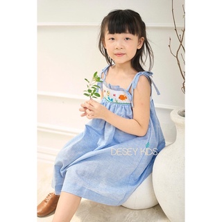 Váy đầm bé gái thêu smock nàng tiên cá màu xanh nhạt
