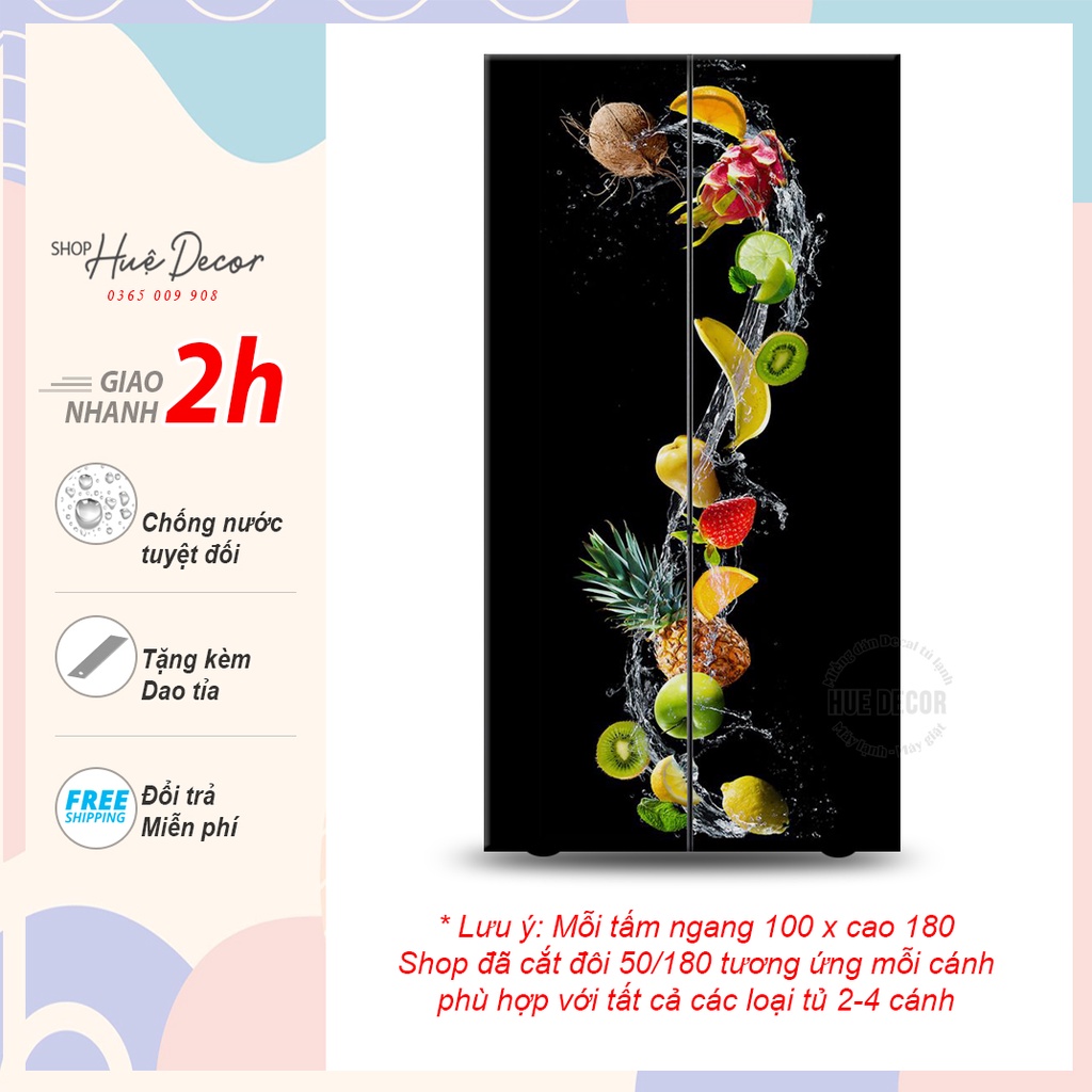 Decal dán tủ lạnh 2 cánh, 4 cánh hoa quả nhiệt đới hue decor, chống nước siêu bền, chất lượng, giá rẻ