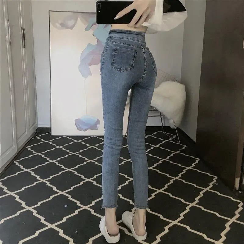 Jiashucheng Quần Jean Nữ Cạp Cao Dáng Ôm Cài Hai Hàng Khuy Siêu Co Giãn