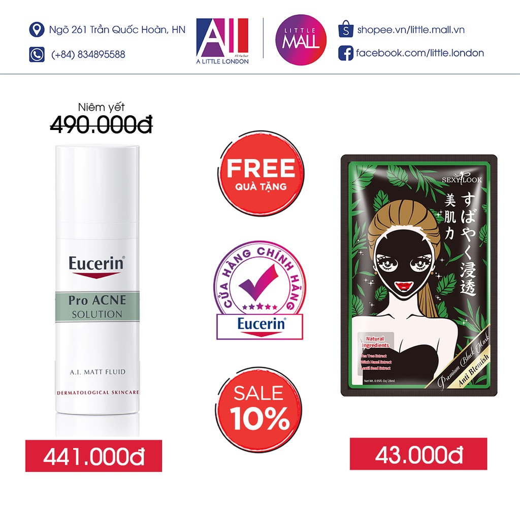 Kem dưỡng ẩm giảm nhờn mụn Eucerin proacne a.i matt fluid 50ml TẶNG mặt nạ Sexylook (Nhập khẩu)