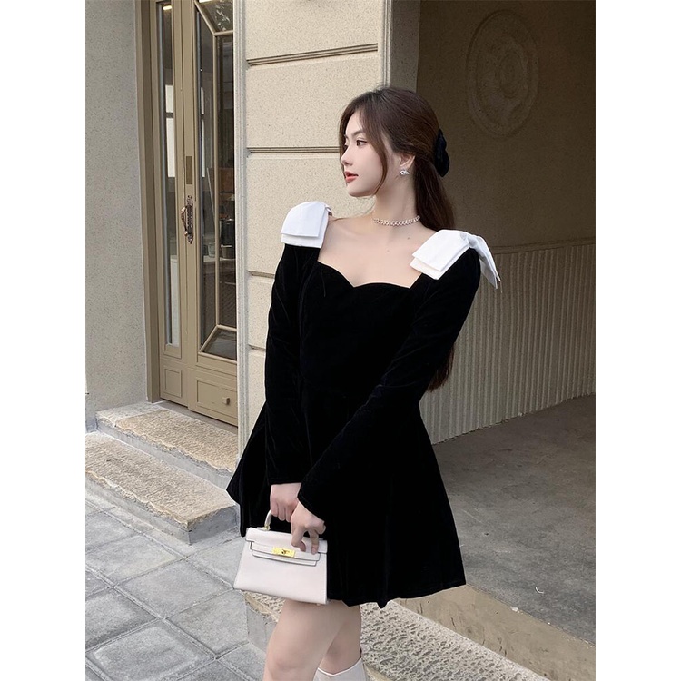 Đầm Xòe Nữ Vải Nhung Màu Đen Dài Váy Liền Cổ Vuông Vai Phối Nơ Trắng Phong Cách Pháp Hàng Quảng Châu Cao Cấp Đi ăn Tiệc | BigBuy360 - bigbuy360.vn