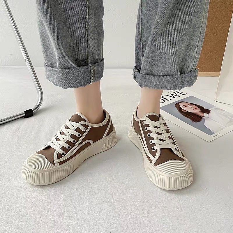 Giày nữ đế bằng bánh mì basic độn đế 4cm vải canvas bata mới hot phong cách retro ulzzang đẹp cá tính, Sneaker nữ 2021