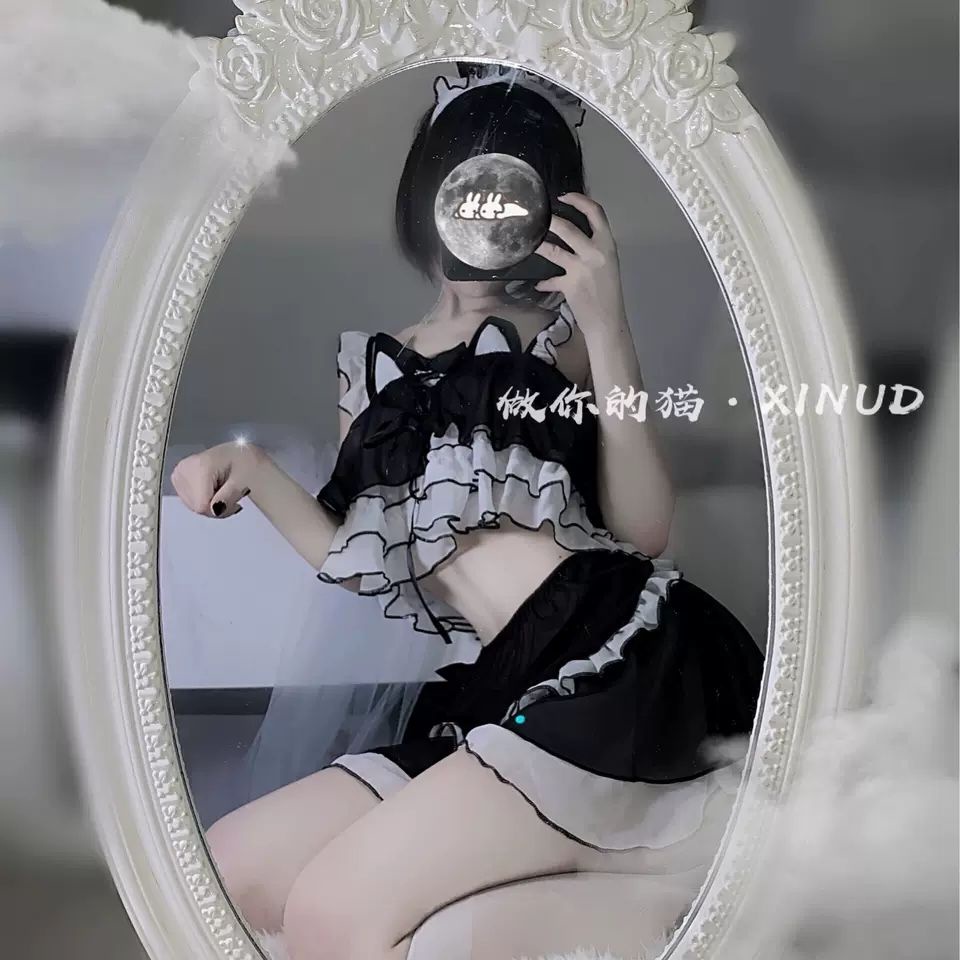 Bộ Đồ Ngủ Vải Voan Phối Bèo In Hình Mèo Gợi Cảm Cho Bạn Gái