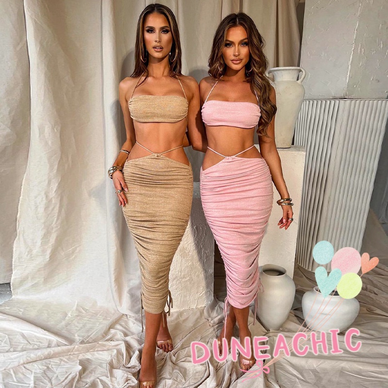 Set Áo Tank Top 2 Dây + Chân Váy Rút Màu Trơn Gợi Cảm Cho Nữ