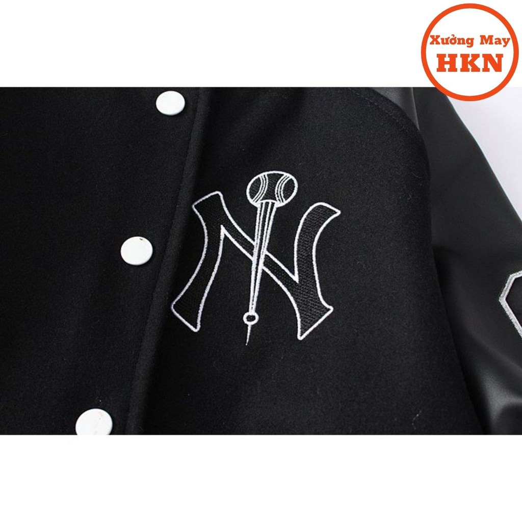 Áo Khoác Bomber Jacket Varsity Cardigan NY Nam Nữ Phối Tay Da Mã 306 Xưởng May HKN