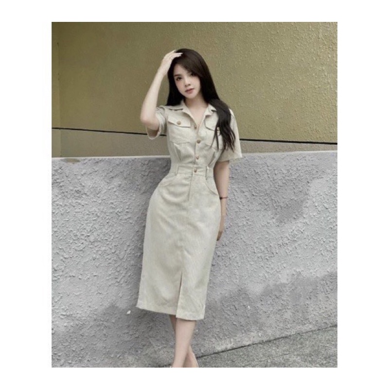 Đầm nữ, Váy nhung tăm dáng dài xẻ tà váy sơmi suông