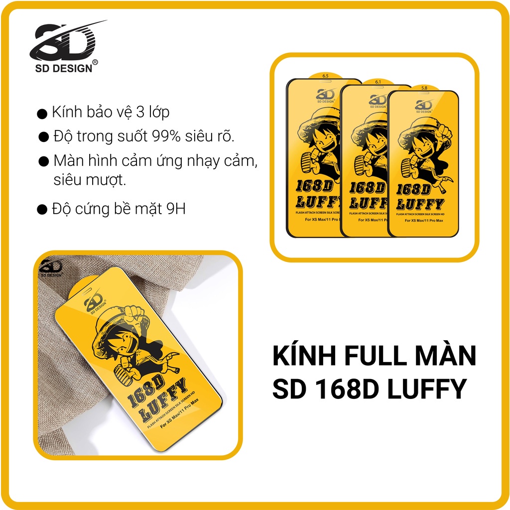 ✅Loại tốt Mới✅ Kính cường lực chính hãng dành cho Iphone 168D LUFFY Ip 6/s/7/7plus/8/8plus/plus/x/xr/xs/11/12/13/pro/max