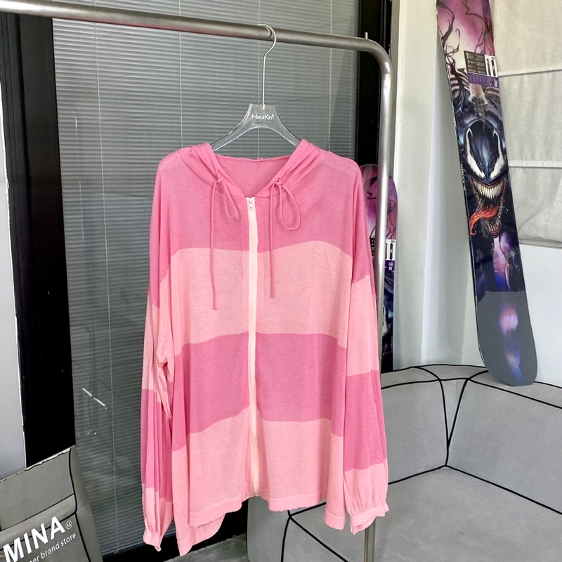 áo len dệt kim sọc màu kiểu khoá mũ dáng oversize (203#)