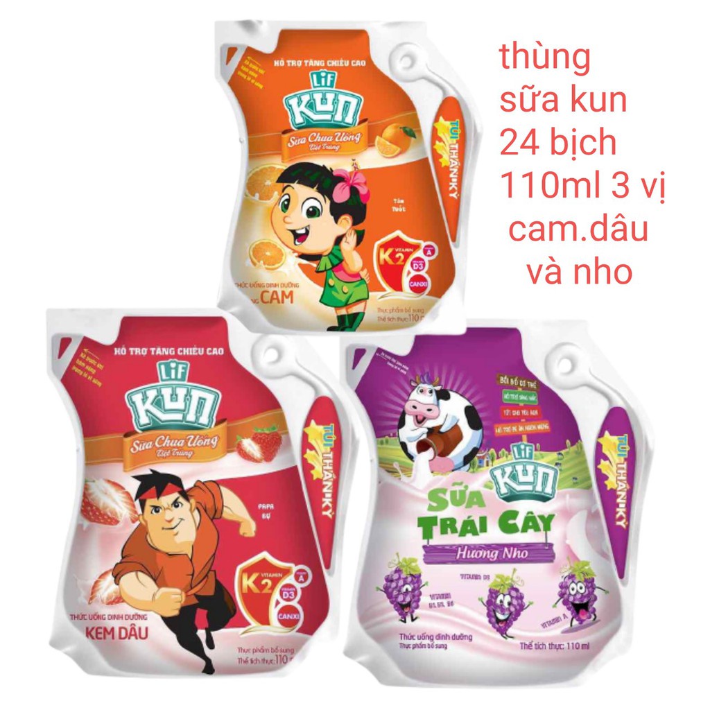 Túi Sữa Lif Kun  Vị Cam/Dâu/Socola Túi 110ml