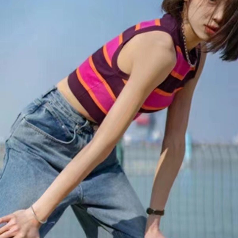 SUXI Áo Dệt Kim Hai Dây Dáng Ôm Họa Tiết Kẻ Sọc Màu Sắc Ngọt Ngào Thời Trang Mùa Hè Dành Cho Bạn Nữ