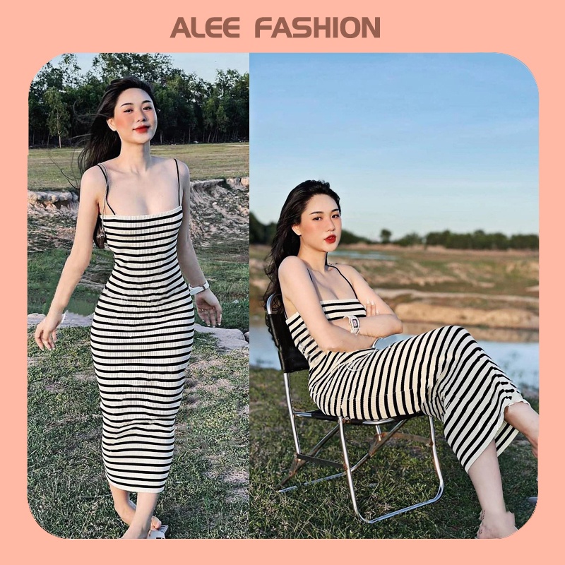 Váy body kẻ sọc, đầm maxi dáng ôm 2 dây siêu tôn dáng phong cách sexy quyến rũ nhà Alee
