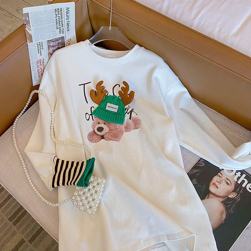 Áo Thun Tay Dài Cổ Tròn Dáng Rộng In Họa Tiết Hoạt Hình Dễ Thương Cho Nữ