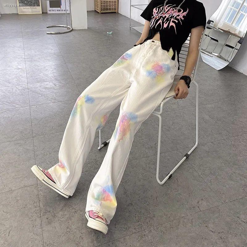 Quần jeans ống rộng lưng cao phối màu nhuộm phong cách Harajuku thời trang cho nữ 2021