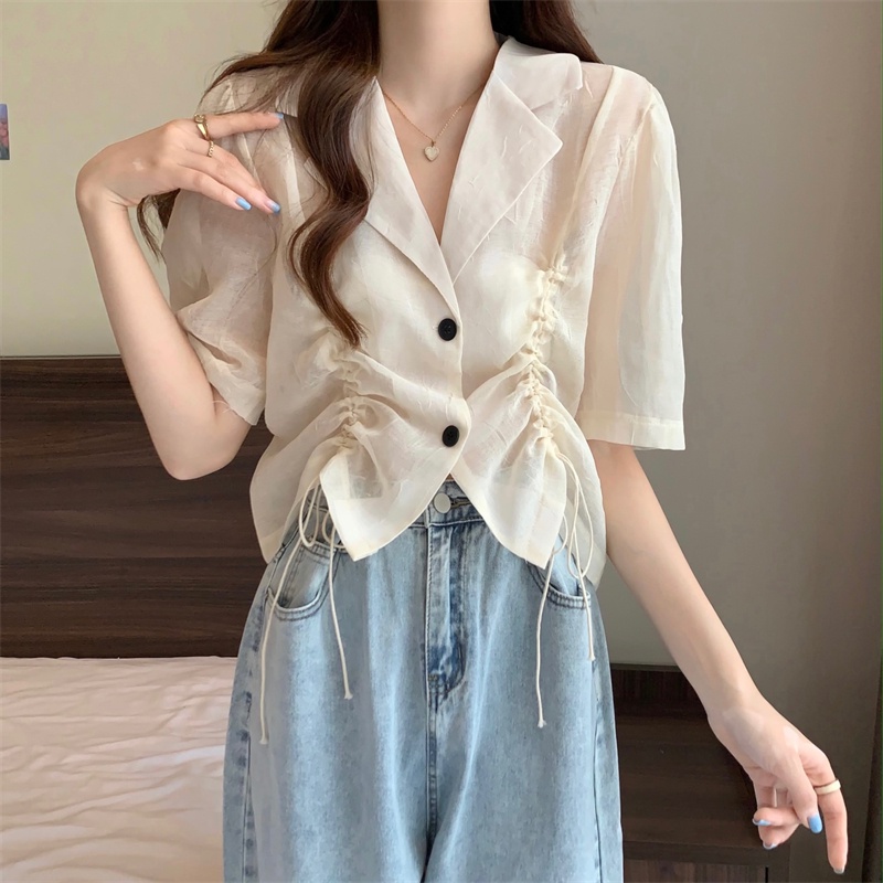 Áo sơ mi IELGY tay lửng cổ polo phối dây rút thời trang tùy chọn màu sắc dành cho nữ