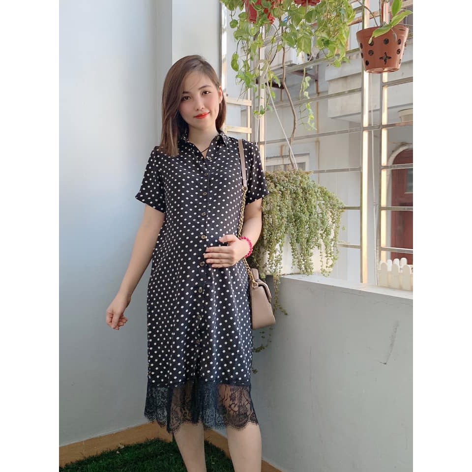 Đầm bầu sơ mi chấm bi siêu đẹp