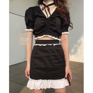 Set Áo Croptop Đen Viền Ren Mix Chân Váy Ulzzang