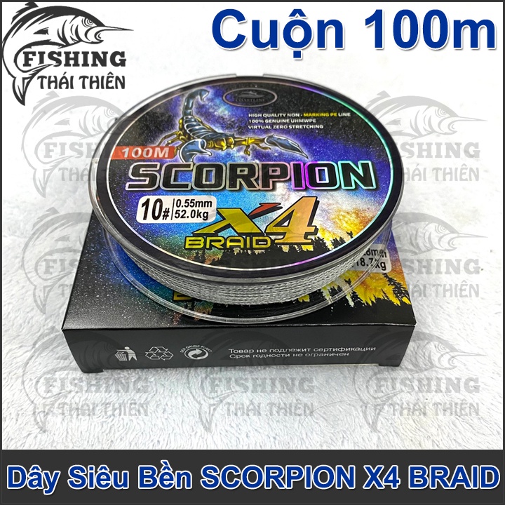 Dây Câu Cá Siêu Bền, Dây Dù Câu Lure, Tóm Lưỡi Câu Scorpion X4 Braid Cuộn 100m