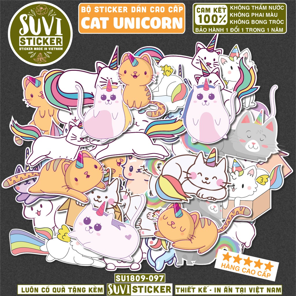 50 Sticker Mèo Unicorn chống nước sticker dán laptop, điện thoại, đàn guitar, mũ bảo hiểm, vali.  MSP: A17