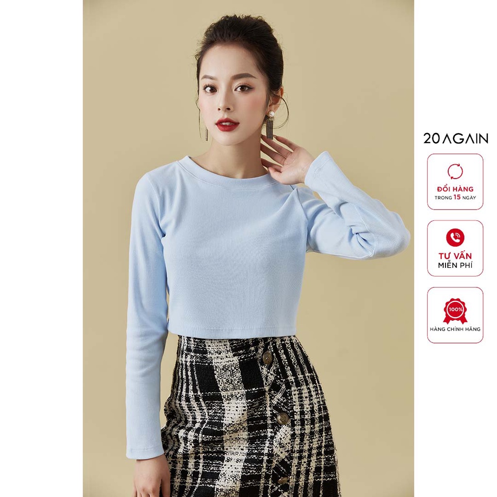 Áo croptop nữ dài tay cổ tròn 20AGAIN, thiết kế trẻ trung, chất ripstop dày dặn ATA1658