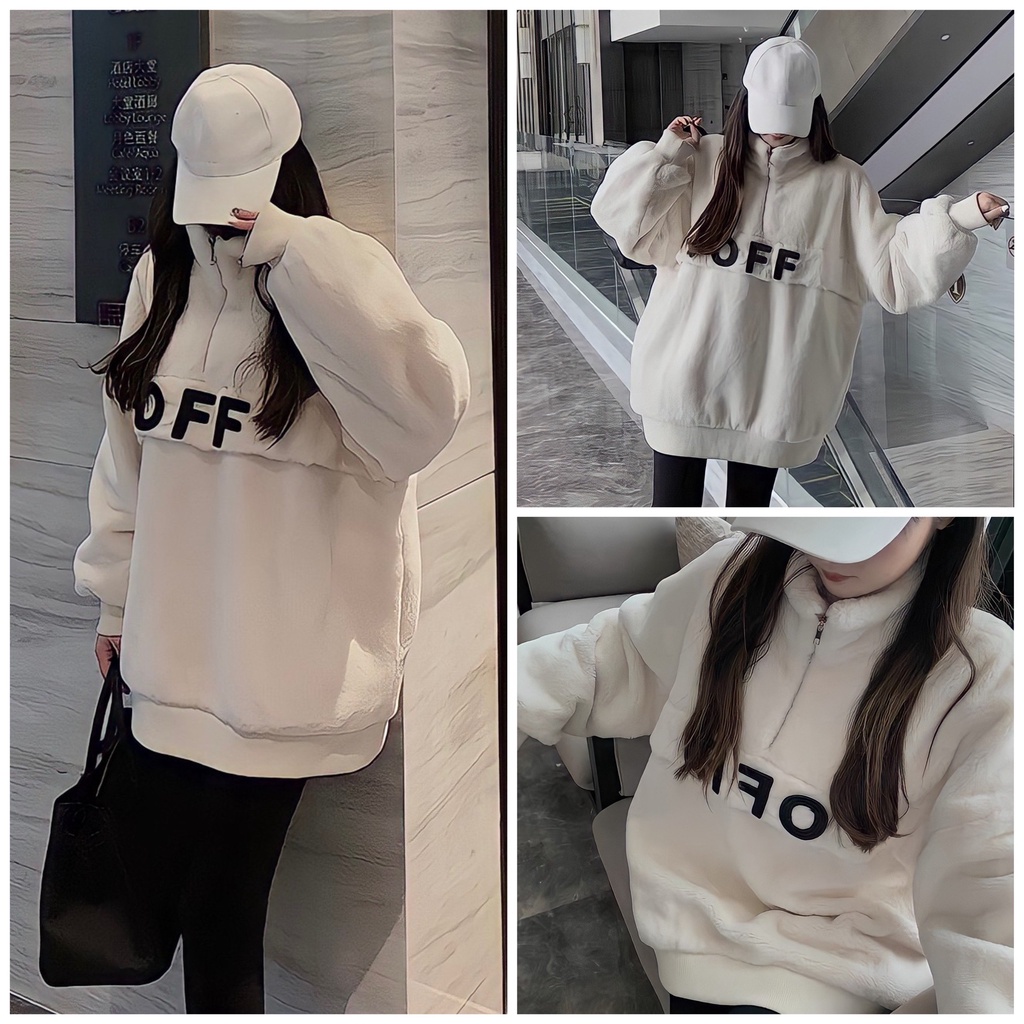 Áo Sweater Polo Cổ Khóa Tay Bồng Thêu Chữ OFF Vải Lông Cổ Cao Form Rộng