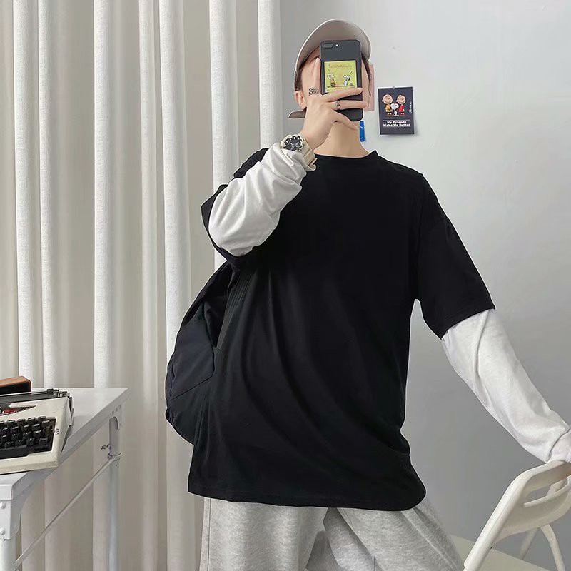 Áo thun cổ tròn tay dài giả hai lớp trẻ trung cho nam nữ Soild color áo dài tay Hàn Quốc new round áo dài tay top