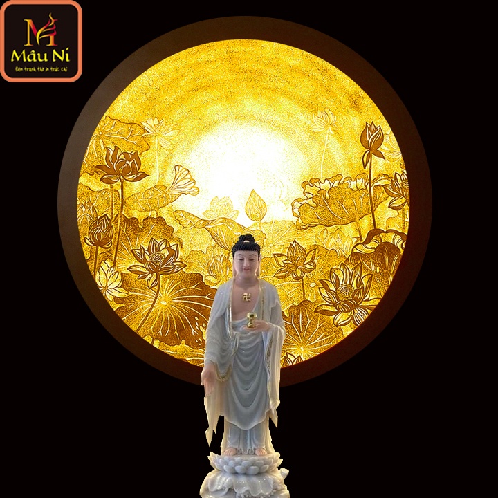 Đẹp - ĐÈN HOA SEN hào quang BÀN THỜ, đường kính 30cm, tranh in trúc chỉ MÂU NI  - cho bàn thờ đẹp