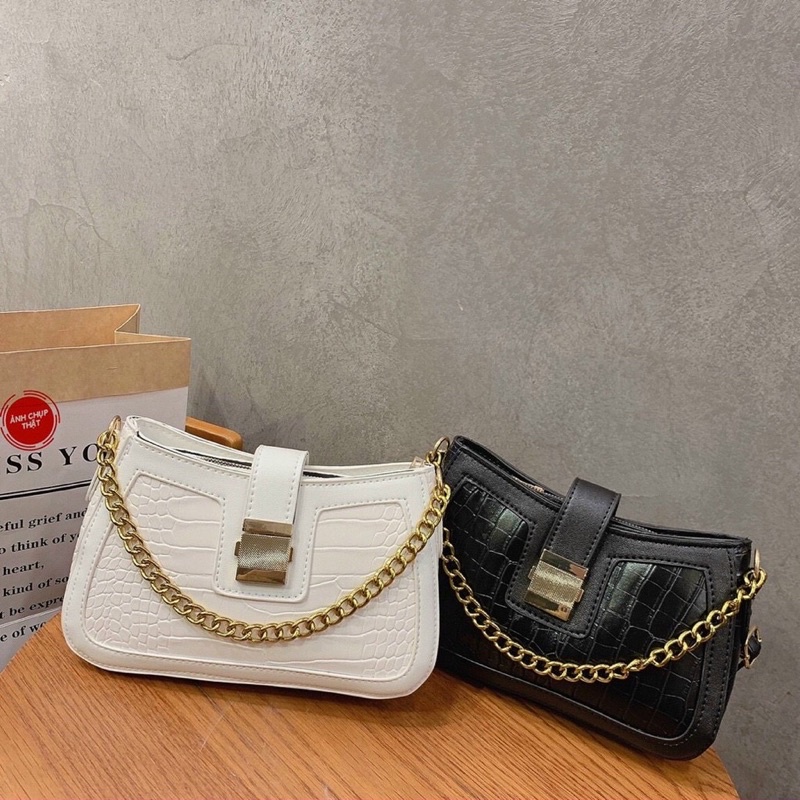 Túi Kẹp Nách Nữ Khoá Vuông, Túi Xách Nữ Đeo Chéo Vân Rắn