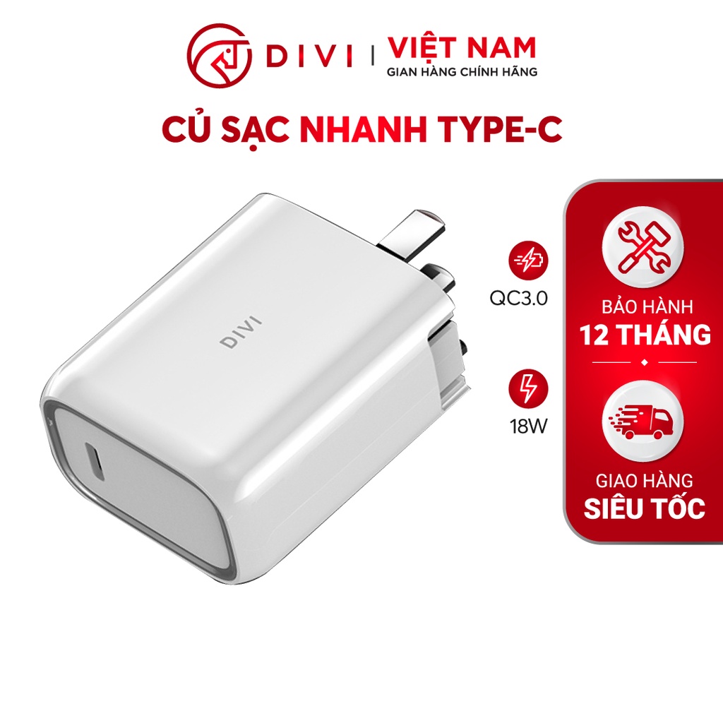 Củ sạc nhanh DIVI P2207 - Sạc nhanh PD, QC 3.0 Công suất 18W Cổng Type C - Hàng chính hãng -  Bảo hành 12 tháng 1 đổi 1