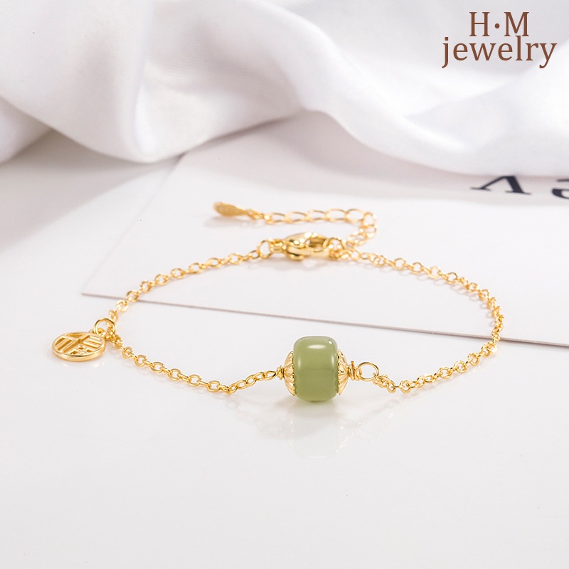 Vòng Tay Đá Ngọc Bích Mạ Vàng Kiểu Vintage Thời Trang