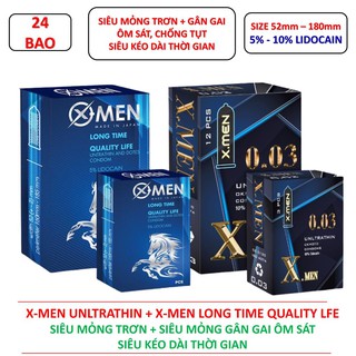 COMBO 02 Hộp 24 Bao cao su siêu mỏng trơn X-MEN LONG TIME QUALITY + Siêu mỏng gân gai X-MEN UNLTRATHIN kéo dài thời gian