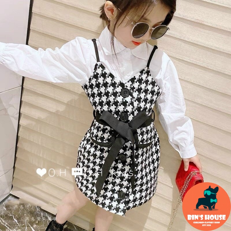 Set yếm ziczac mix sơ mi trắng bé gái BINSHOUSE