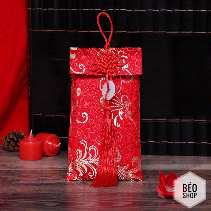 Bao lì xì vải gấm Béo shop phong bao đỏ cao cấp mừng tuổi quà tặng lễ tết , cưới hỏi , nạp tài thêu họa tiết rồng phượng