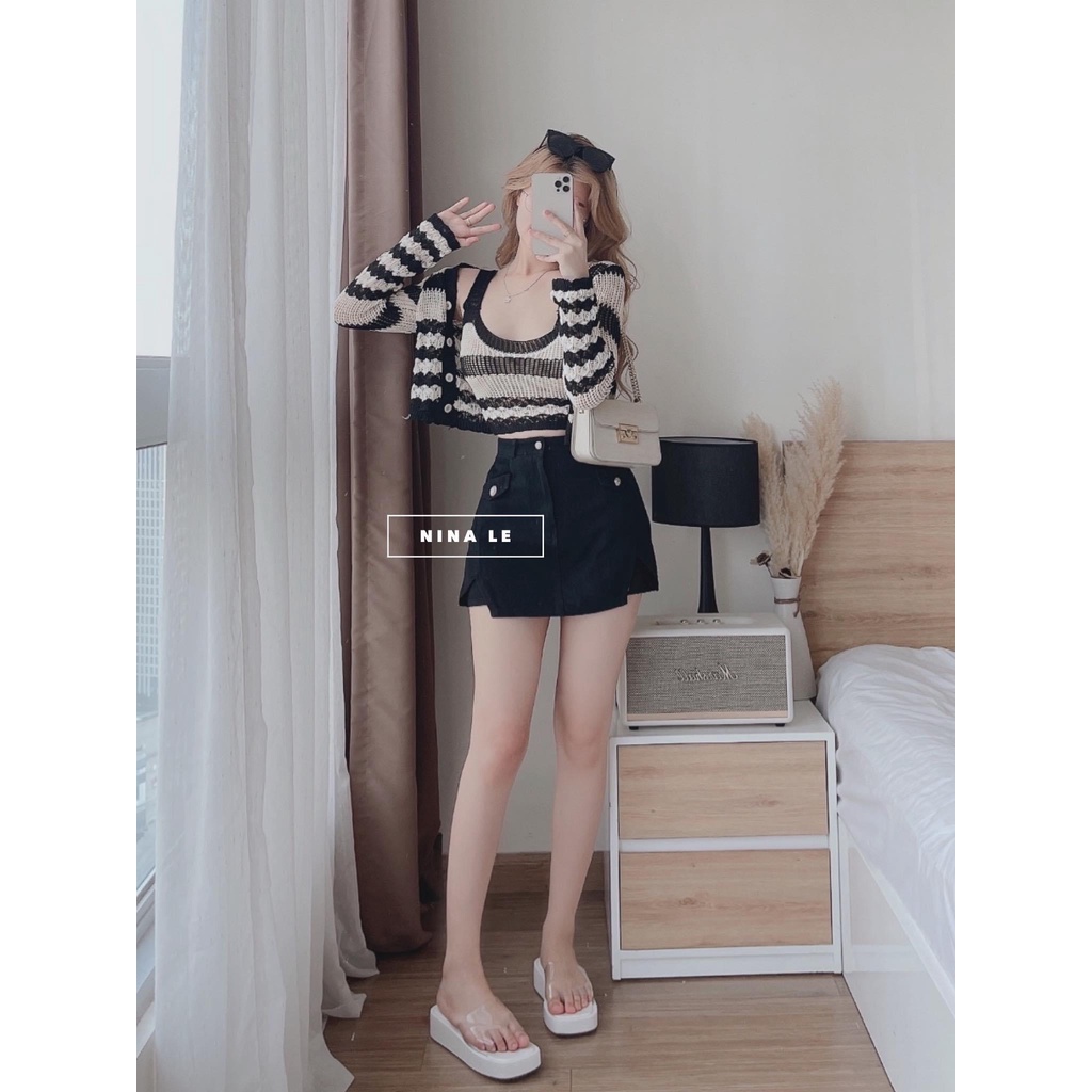Set áo khoác len KẺ NGANG kèm áo 2 dây hàng Quảng Châu