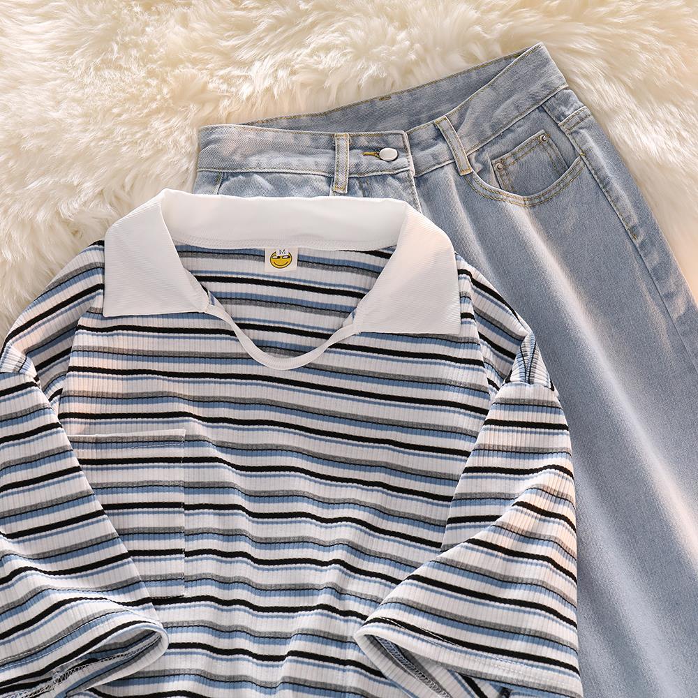Set Áo Thun POLO Ngắn Tay Và Quần Jeans Dài Rách Gối Thời Trang Dành Cho Nữ