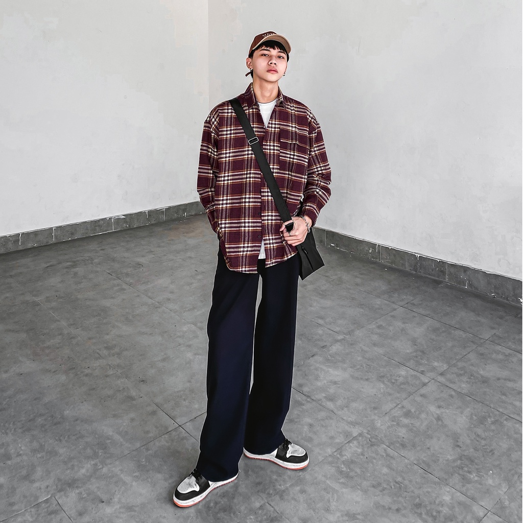 Áo Sơ Mi Flannel Màu Nâu Sọc Đỏ Form Rộng Thoải Mái Chất Liệu Cotton Thoáng Mát