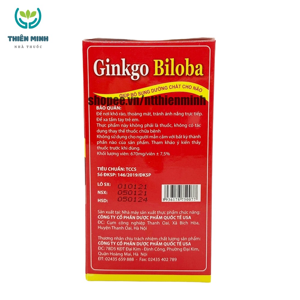 Viên uống bổ não GINKGO BILOBA 240mg giúp tăng cường trí nhớ, tăng tuần hoàn máu não, ngừa tai biến – HỘP 100v