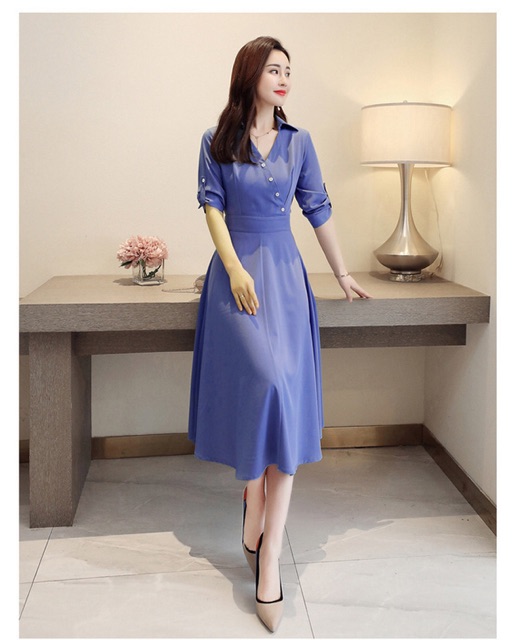 Đầm xoè chiffon đính nút xéo cao cấp size M L XL